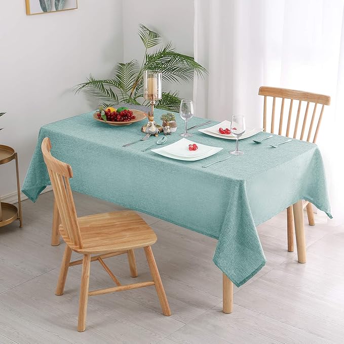 Hiasan Faux Linen Rectangle Tablecloth - Wrinkle and Stain Resistant Washable Table Cloth for Kitchen Dining Room Holiday Table Cover for Dinner, Aqua, 60 x 140 Inch