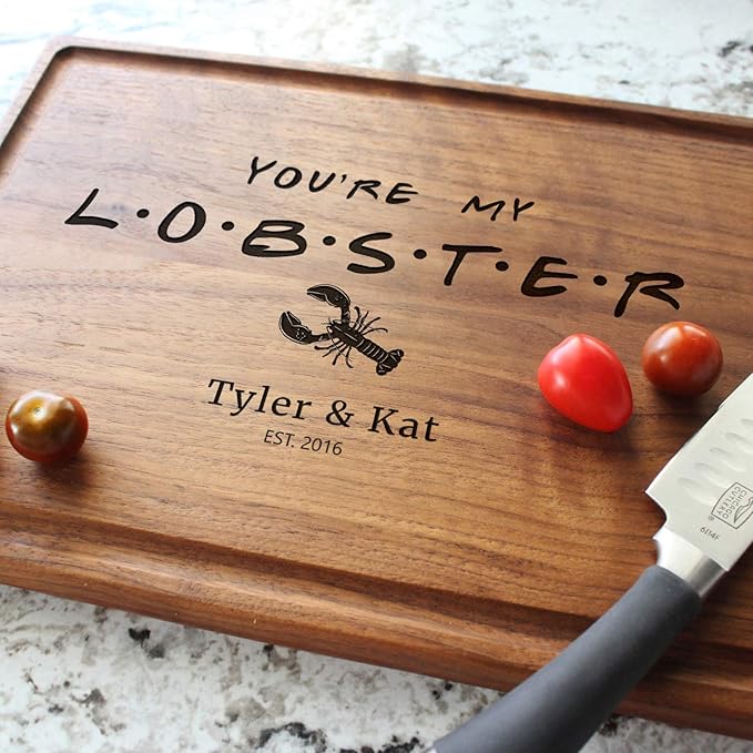 Personalized Cutting Board, Custom Wedding, Anniversary or Housewarming Gift Idea, Wood Engraved Charcuterie, for Couples, Family and Clients (FRIENDS Themed Lobster 087)