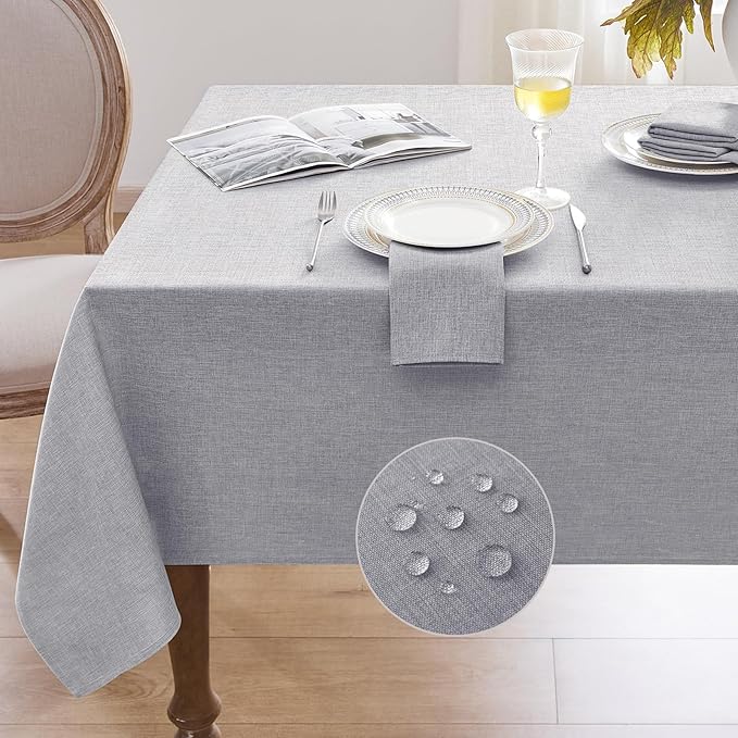 Softalker Extra Long Table Cloth Grey 60 x 144 inch Rectangular Faux Linen Tablecloth Outdoor Waterproof Stain and Wrinkle Resistant Table Cover for Spring Party Picnic Camping Decor Vintage Tabletop