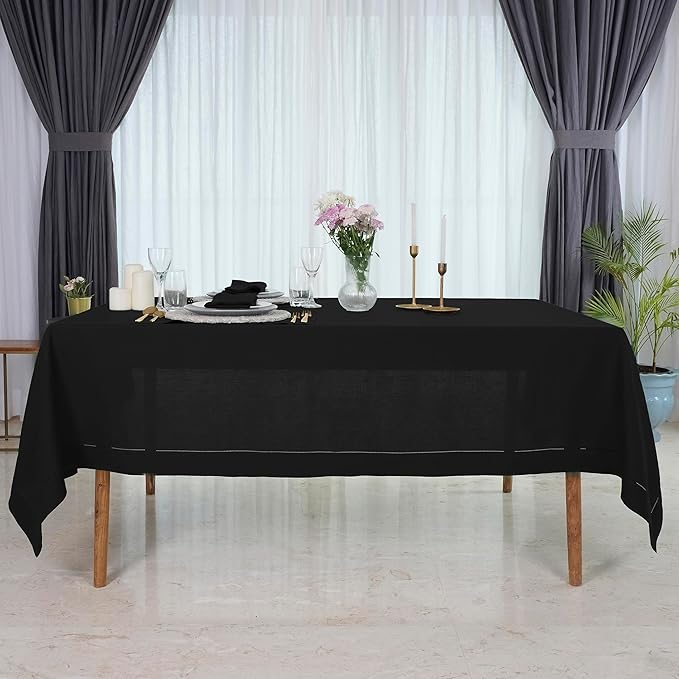 D'Moksha Homes Black Linen Tablecloth 60 x 120 Inch - 100% Pure Linen Hemstitch Tablecloth for Rectangle Tables - Classic Hemstitch, Machine Washable Table Cloth for Spring, Easter