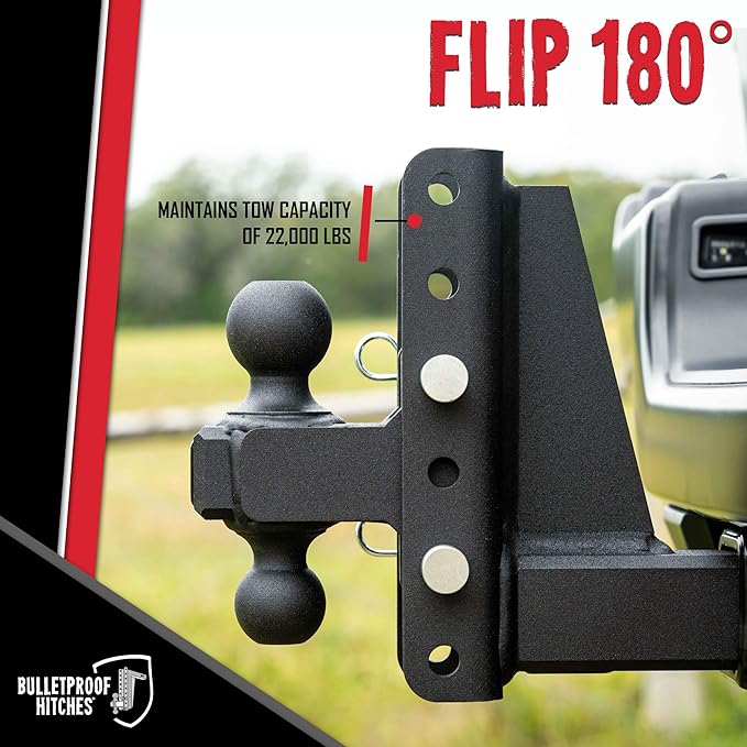 BulletProof Hitches - 3.0" Adjustable Heavy Duty Trailer Hitch (22,000 lb. Rating) - 20" Drop/Rise Trailer Hitch with 2" & 2-5/16" Dual Ball - Powder Coat, Solid Steel, Corrosion-Resistant