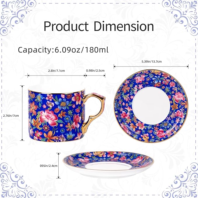 KAMMAK Tea Cups and Saucers Set of 2, Ceramic Coffee Cup with Saucer for Espresso, Cappuccino, 7oz Vintage Yellow and Blue Floral Porcelain Novelty Mug for Home, Tea Party, Office