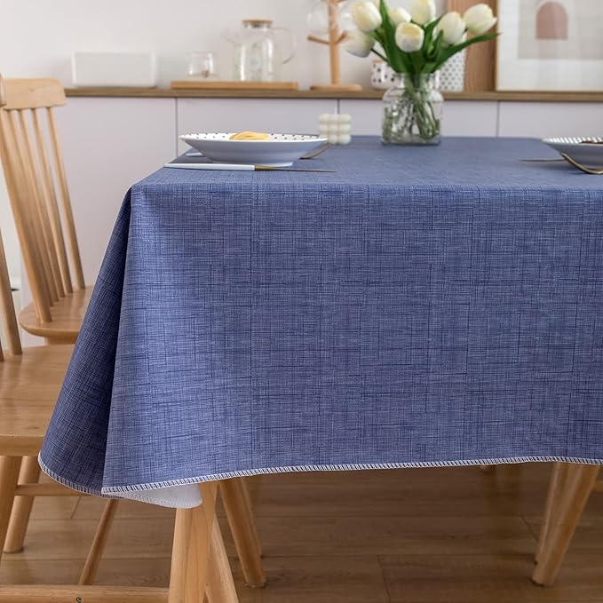 Pioggia Vinyl Tablecloth with Flannel Backing Square Waterproof Oil-Proof Plastic Table Cloth Wipeable PVC Table Cover for Indoor and Outdoor (Blue, 60 x 60 Inch)