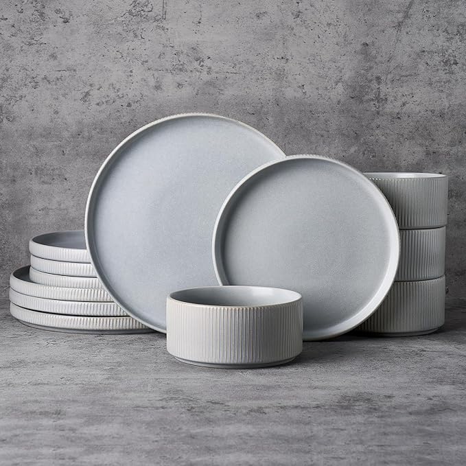Famiware Star Dinnerware Set, Plates and Bowls Sets for 4 (12pcs), Ribbed Stoneware Dishes - Chip & Scratch Resistant, Microwave & Dishwasher Safe, Matte Gray