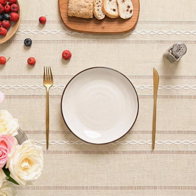 Horaldaily Beige Cotton Blend Tablecloth 60×60 Inch Round, Farmhouse Style, Wrinkle Resistant Washable Table Cloth, Hemstitched Embroidery Table Cover for Home
