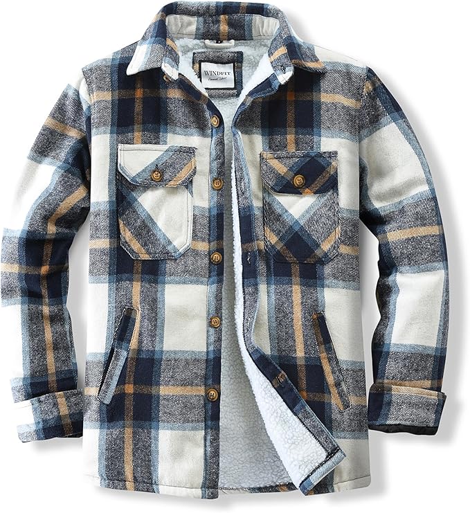 Men's Cotton Sherpa Lined Button Down Flannel Shirt Jacket Plaid Soft Outdoor Flannel Jacket Shirt