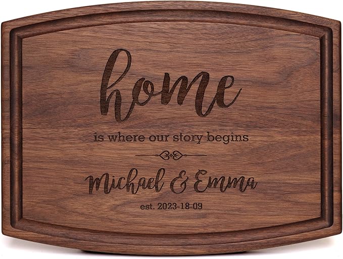 Personalized Cutting Board, Custom Housewarming Gift for New Homeowners, Engraved Home Sweet Home Charcuterie Board, Unique Couple Gift, Handmade Wood Kitchen Décor by Straga (First Home 925)