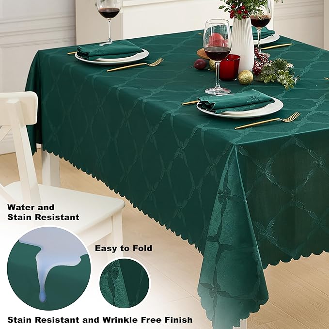 Newbridge Rectangle Tablecloth, 60 x 144 Inch, Spring and Easter Ribbons and Bows Damask, Wrinkle and Stain Resistant Fabric Table Cloth, Holiday Evergreen