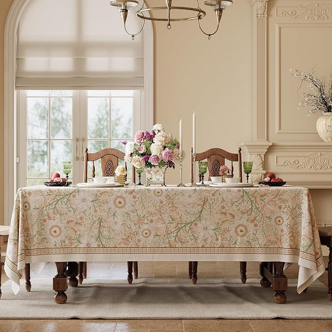 French Linen Tablecloth Square, Vintage Floral Table Cloth, Waterproof Table Cover for Picnic Dining Party Wedding, Blossom Pink, 55x55''
