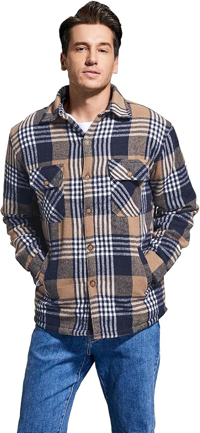 Men's Cotton Sherpa Lined Button Down Flannel Shirt Jacket Plaid Soft Outdoor Flannel Jacket Shirt