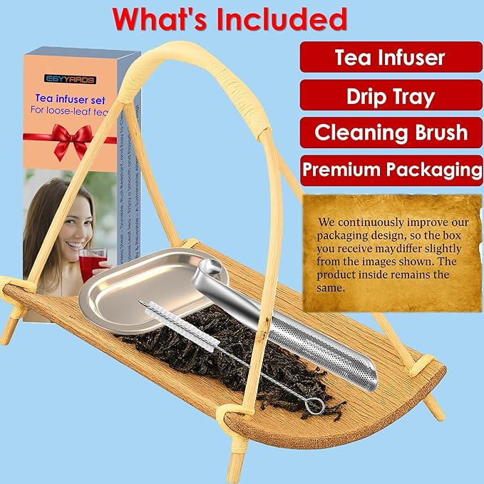 Stainless Steel Tea Infuser Set for Loose Leaf Tea – Durable Food-Grade Strainer with Long Handle, Hook, Drip Tray, and Cleaning Brush, Suitable for Single-Cup Brewing