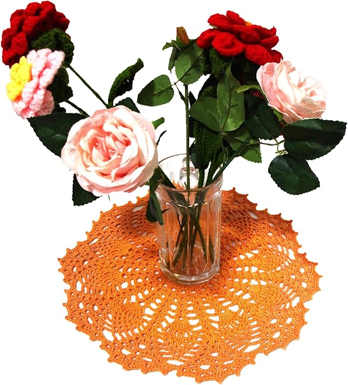 BIBITIME Lace Doilies Crochet Handmade Lace Coasters Round Placemat Rustic Table Doilies Decors for Kitchen Dining Room Party Dressers (11 inches to 12 inches,Pack of 2 PCS, Orange)