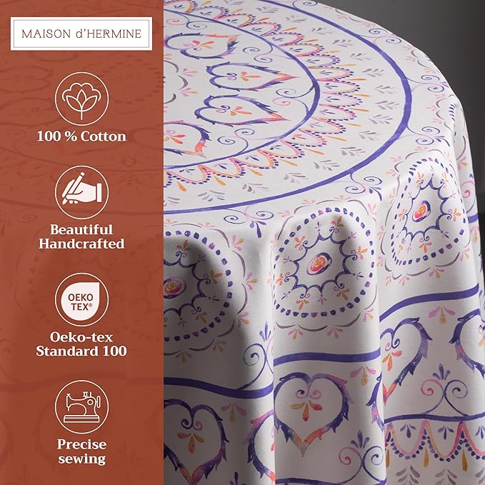 Maison d' Hermine Table Cloth Round Table 100% Cotton 63 Round Inches Tablecloth Reusable Decorative for Dining Room Farmhouse Home Valentines Day Decorations Spring Summer - Mandala