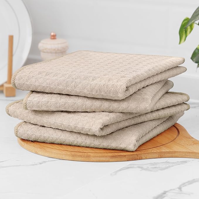 Homaxy Microfiber Waffle Weave Kitchen Towels Set, 16 x 28 Inch and 12 x 12 Inch Ultra Absorbent and Solid Color Dish Towels, 8 Pack, Beige