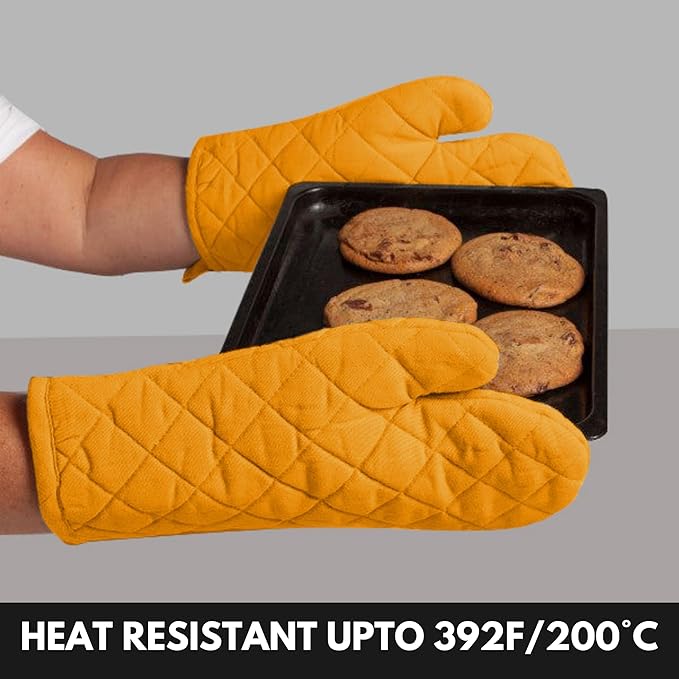 Oven Mitt (7"x13") & Pot Holder (8"x8") 100% Cotton Set of Heat Resistant Oven Gloves & Hot Pads for Gifts, BBQ, Cooking, Baking, Thanksgiving - Mustard Yellow