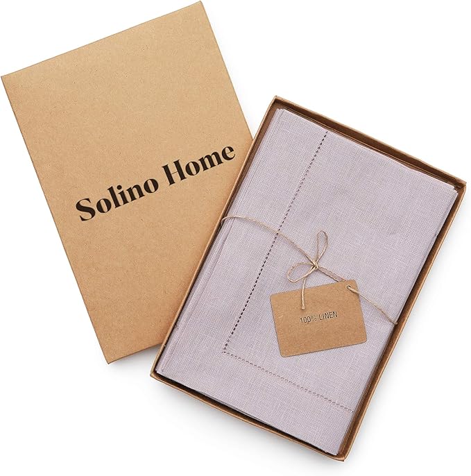 Solino Home Linen Napkins Set of 6 - Classic Hemstitch 100% Pure Linen Lilac Dinner Napkins Cloth 20 x 20 Inch for Valentines, Spring, Easter - Handcrafted and Machine Washable