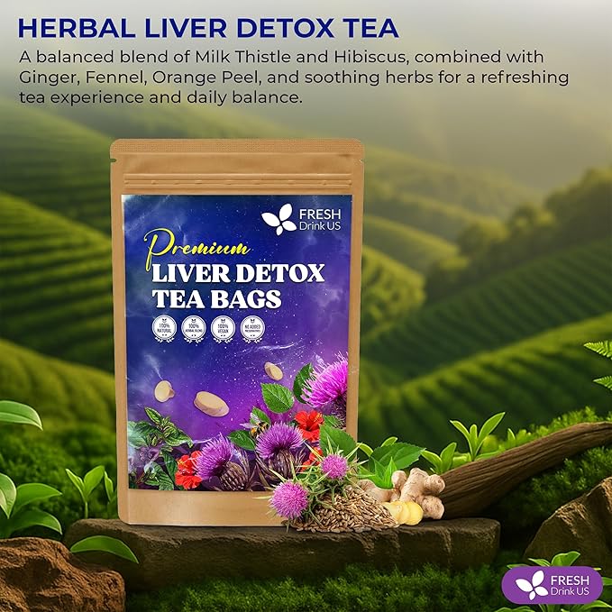 FreshDrinkUS, Premium Liver Detox Tea Bags | 135 Count | Eco-Conscious Corn Fiber Tea Bags | Ayurvedic Stomach Relief & Liver Support | Vegan, Caffeine Free, Kosher