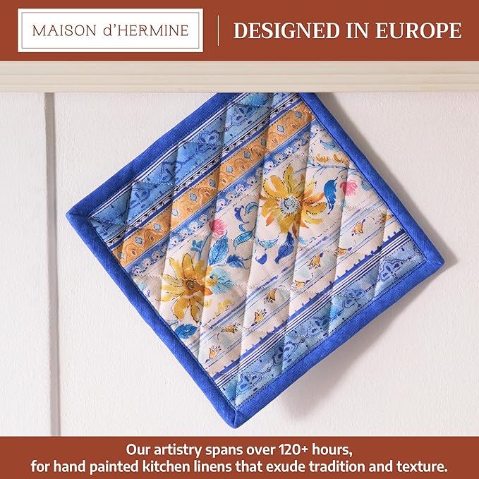 Maison d' Hermine Pot Holders 100% Cotton Heat Resistant Potholders 8" x 8" Hot Pads with Loop BBQ, Cooking, Baking, Grilling, Kitchen, Handling Hot Pans Spring/Summer (Pack of 1, Girassol)