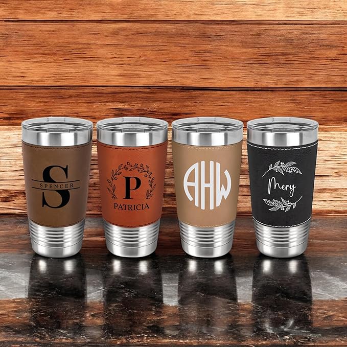 Personalized 20oz Leather Tumbler with Name and Logo, Personalized Stainless Steel Insulated Travel Mug Included Engraving, Custom Travel Mug for Hot & Cold Drinks, Vacuum Insulated