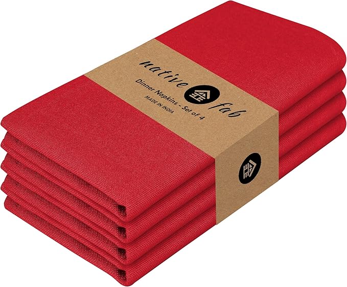 Native Fab Solid Cloth Napkin Set of 4, 100% Cotton, Washable, Reusable Dinner Cloth Napkin 17x17 inches, Table Decor Napkins for Dinner, Events, Red