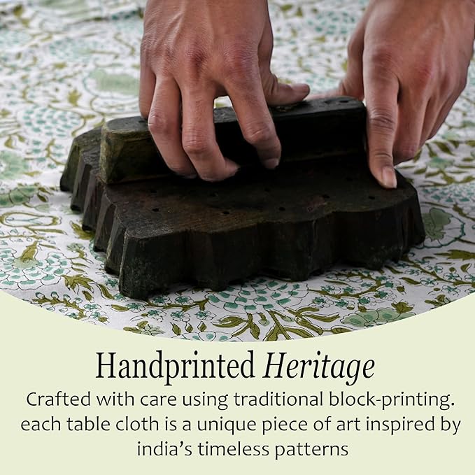 CPC Tablecloth 100% Cotton 60x60 Inch Indian Block Print Square Table Cover, Table Cloth for Weddings, Spring/Summer, Barbeque - Agate Green