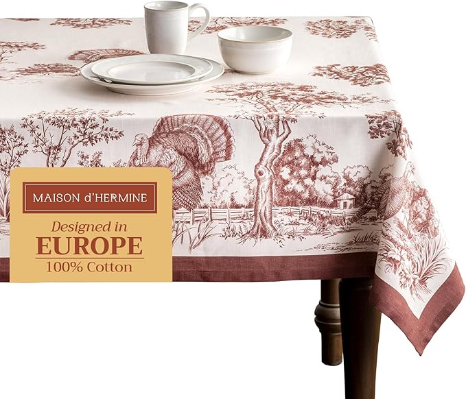 Maison d' Hermine Table Cloth Rectangle Table 100% Cotton 60 x 90 Inches Fall Tablecloth Reusable Everyday Use for Thanksgiving Christmas Decorations Dining Farmhouse Party (Holy Jouy - Brown)