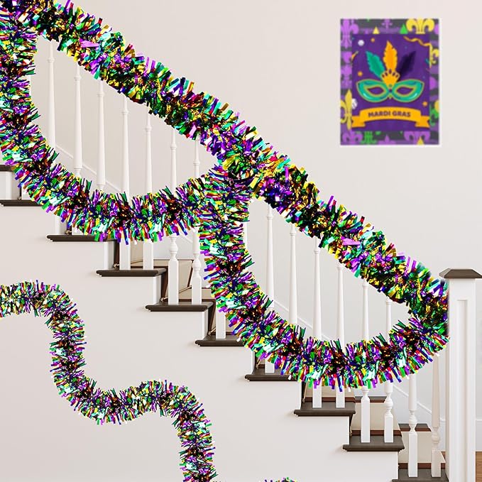 50FT Mardi Gras Tinsel Garland Purple Green Gold Metallic Mardi Gras Garland Shiny Mardi Gras Tree Ornaments for Carnival Party Indoor Outdoor Decorations