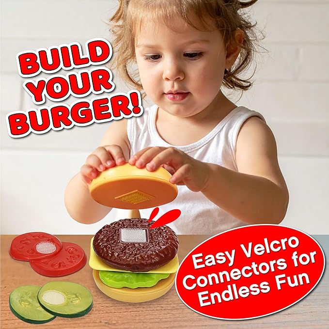 Small World Toys Build-A-Burger Play Food Set – Pretend Play Food Set for Kids – Toy Kitchen Accessories Pretend Food Burger Toy Hamburger – Birthday Gift for Kids 3+