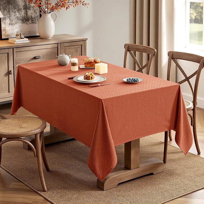 MIULEE Fall Tablecloth Burnt Orange Linen Cotton Table Cloth Rectangle Waterproof Spillproof Cross-Star Textured Decorative Farmhouse Style for Dining Party Weddings 60x84 Inch