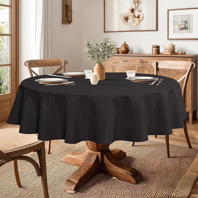 JIUZHEN Faux Linen Round Tablecloths 54 inch, Decorative Wrinkle Free Texture Rustic Circle Table Cloth Cover for Kitchen, Dining, Party, Wedding, Outdoor Use (54 Inch Round,Black)