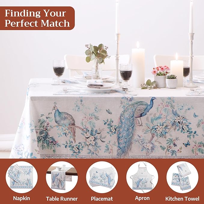 Maison d' Hermine Premium Table Cloth Rectangle Table 100% Combed Cotton 140 x 70 Inches Tablecloth Reusable Decorative for Dining Room, Farmhouse, Party, Festive & Wedding - Peacock Utopia - Orginal