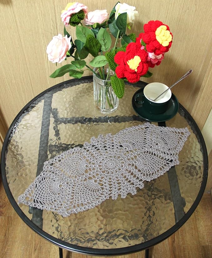 BIBITIME Crochet Lace Table Doilies Eyes Flower Doily Kitchen Vase Place Mats (7 in x 21 in,Pack of 2PCS, Style02-Dark Grey)