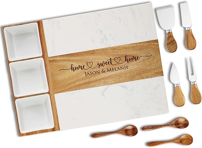 Personalized Charcuterie Board Set, Housewarming Gift for New Home, Custom Engraved Marble Wood Cheese Board, Realtor Closing Gift, New Apartment & First Home Gift for Couples and Friends