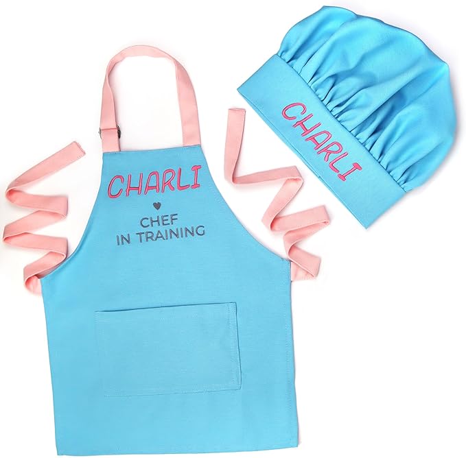 Personalized toddler apron for kitchen, custom cooking apron + chef hat set for kids, boy girl chef costume