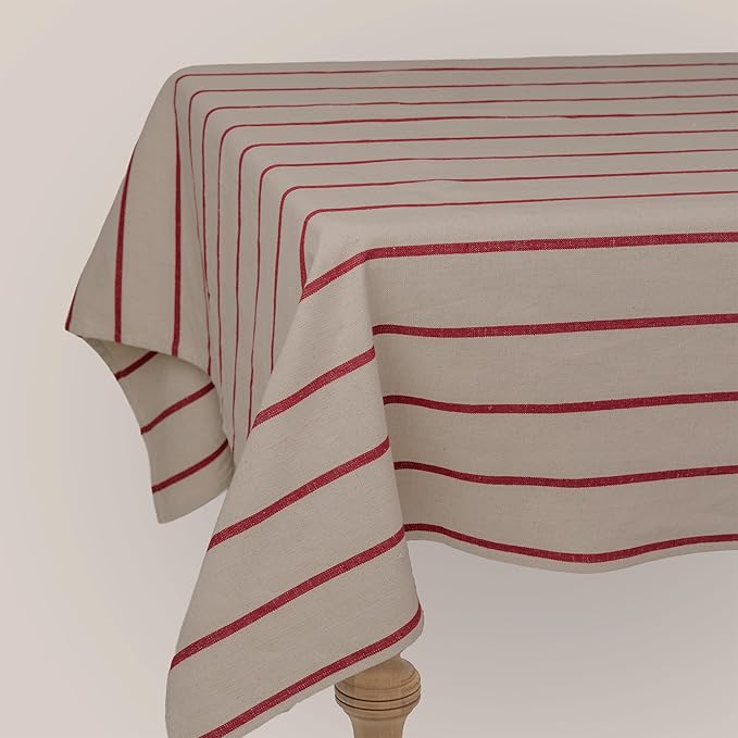 60x90 in Cotton Tablecloth – Large Rectangular Dining Table Cover for Kitchen, Weddings, Parties, Indoor or Outdoor Picnic and Everyday Décor – Red Stripe/Natural