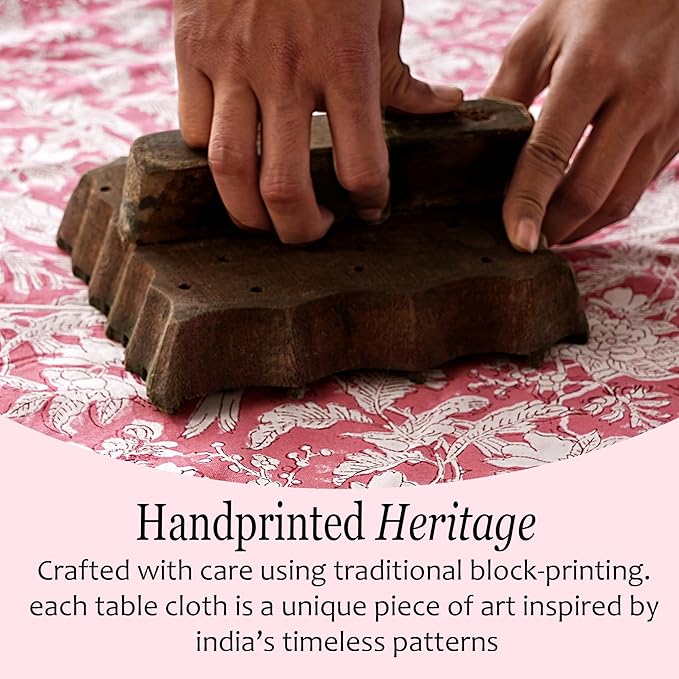 CPC Tablecloth 100% Cotton 60x60 Inch Indian Block Print Square Table Cover, Table Cloth for Weddings, Spring/Summer, Barbeque - Pink Coral