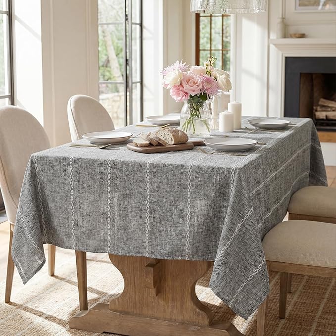 Horaldaily Grey Cotton Blend Tablecloth 60×84 Inch Rectangular, Farmhouse Style, Wrinkle Resistant Washable Table Cloth, Hemstitched Embroidery Table Cover for Home