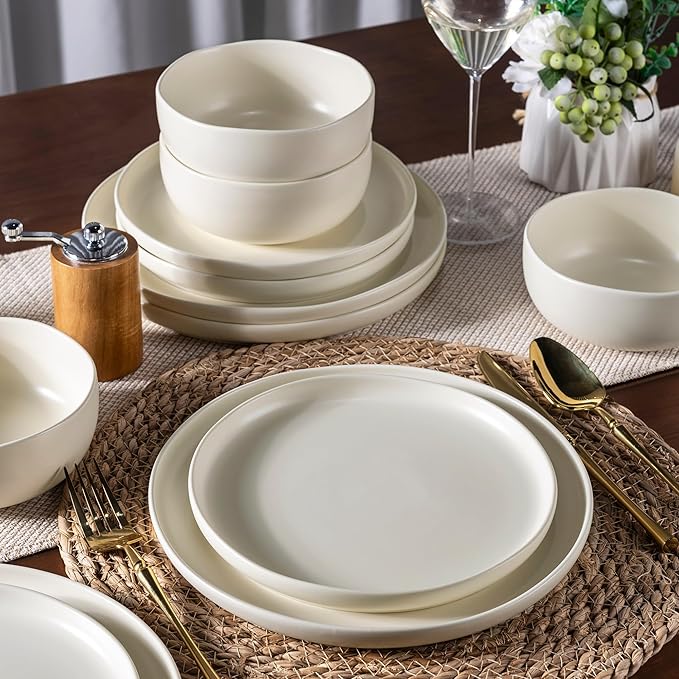 AmorArc Ceramic Dinnerware Sets, Wavy Rim Stoneware Plates and Bowls Sets,Dishwasher & Microwave & Oven Safe Dishes set, Service for 4 (12pc)