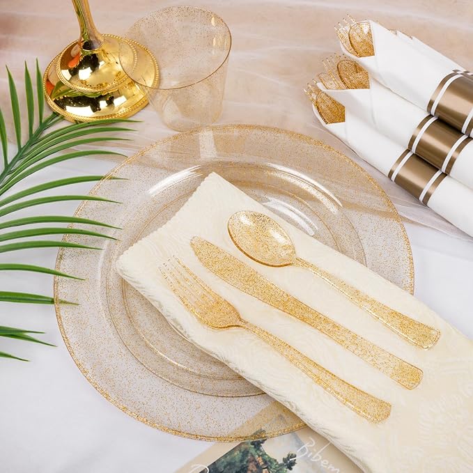 WELLIFE 210Pcs Gold Glitter Dinnerware Set, Gold Glitter Disposable Dinnerware for 30 Guests, Include: 30Dinner Plates, 30Dessert Plates, 90Gold Glitter Silverware, 30 Cups, 30 Paper Napkins