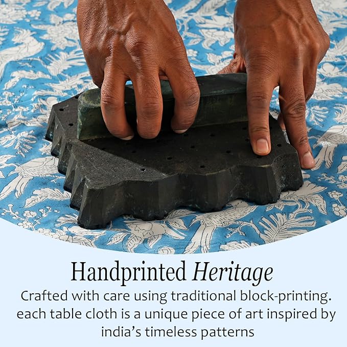 CPC Tablecloth 100% Cotton 70x118 Inch Indian Block Print Rectangle Table Cover, Washable Table Cloth for Weddings, Spring/Summer, Barbeque - Blue Sapphire