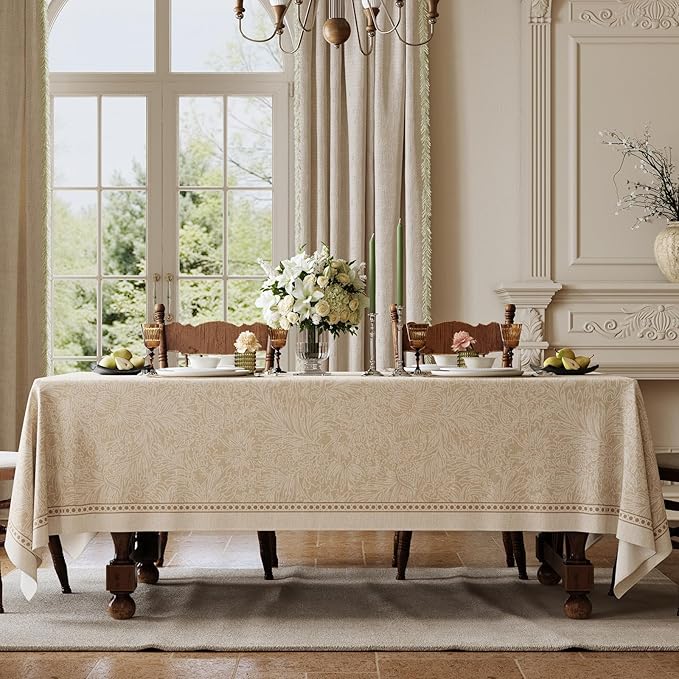 French Linen Tablecloth Rectangular, Vintage Floral Beige Table Cloth, Waterproof Table Cover for Picnic Dining Party Wedding Christmas, Ivory Beige, 63x91''
