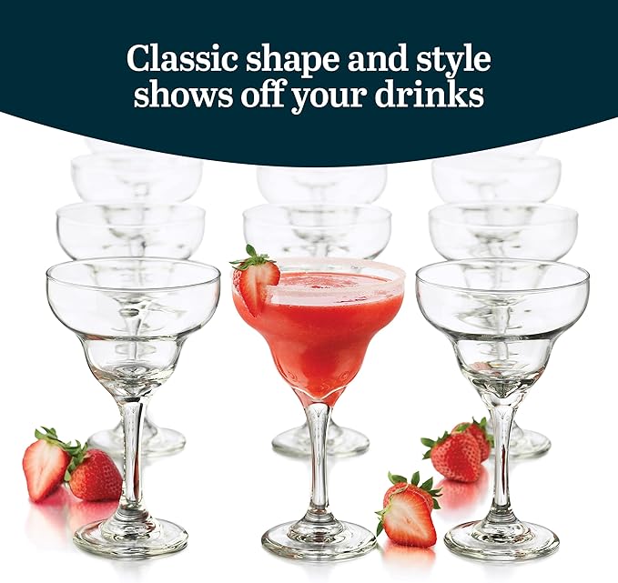 Libbey Margarita Party Glasses Set of 12, Durable Large Margarita Glass, 9 Oz Dishwasher Safe Stemmed Drinking Glasses Gift for Weddings, Parties and More