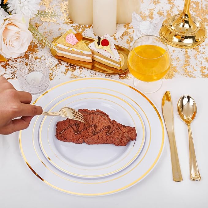 I00000 60 Pieces Gold Plastic Plates, Heavy Duty White and Gold Plastic Plates for 30 Guests Include: 30 Gold Rim Dinner Plates and 30 Gold Dessert Plates Perfect for Wedding & Party