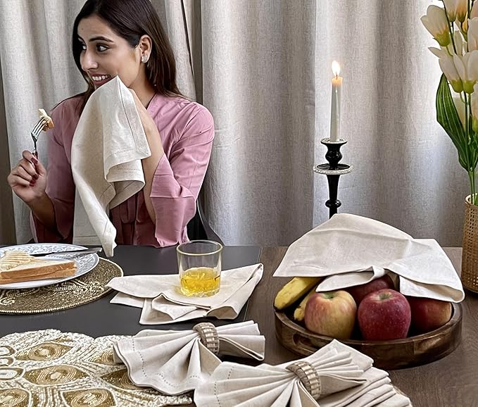 Homidate Linen Flax Cotton Cloth Dinner Napkins Set of 12 – 20x20 Natural Hemstitched Fabric – Machine Washable Elegant Reusable Table Napkins for Weddings, Parties & Dining Décor