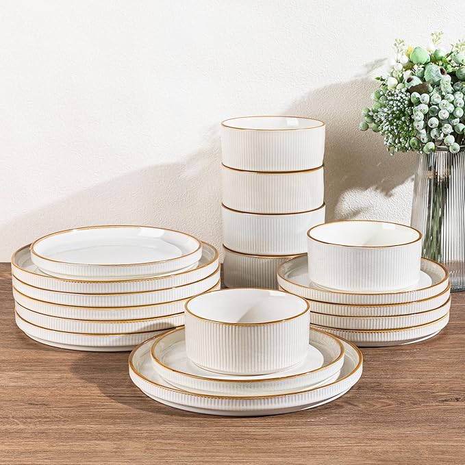GBHOME 12-Piece Stoneware Dinnerware Set for 4 – Ribbed Ceramic Plates and Bowls, Scratch-Resistant, Microwave & Dishwasher Safe, Reactive Glaze, White with Honey-Brown Edge