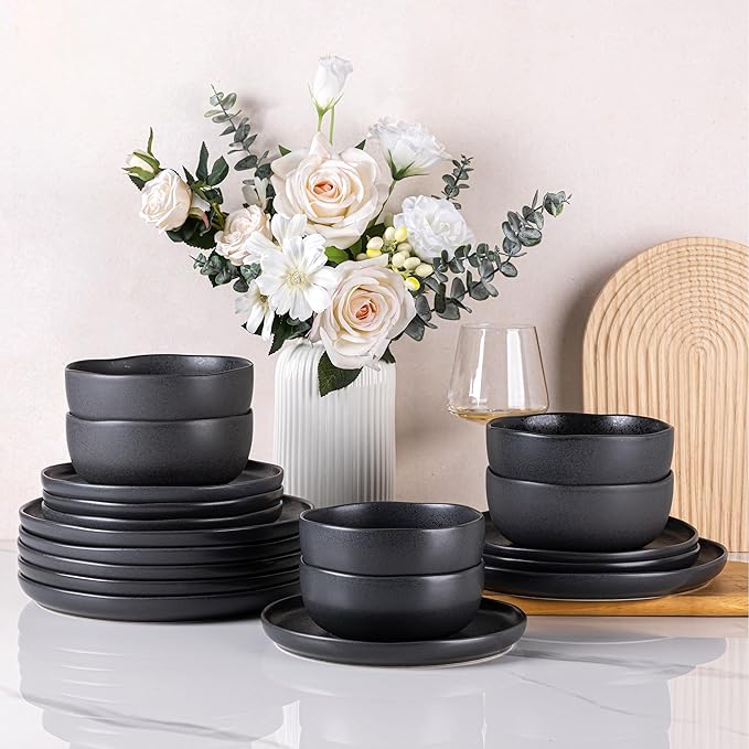 AmorArc Ceramic Dinnerware Sets, Wavy Rim Stoneware Plates and Bowls Sets,Dishwasher & Microwave & Oven Safe Dishes set, Service for 6 (18pc)-Charcoal Matte