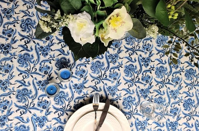 ATOSII Midnight Bloom 100% Cotton Summer Tablecloth, Block Print Blue Rectangle Table Cloth for Dining Table Parties Wedding Outdoor Decor 60 X 108 Inches I 8 Seater I Memorial Day