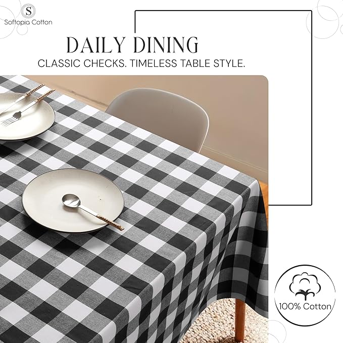 Buffalo Plaid Check 52"x70" Tablecloth 100% Cotton Washable Rustic Rectangle Table Cover Decorative for Gifts, Dining, BBQ, Buffet Parties & Camping - Black