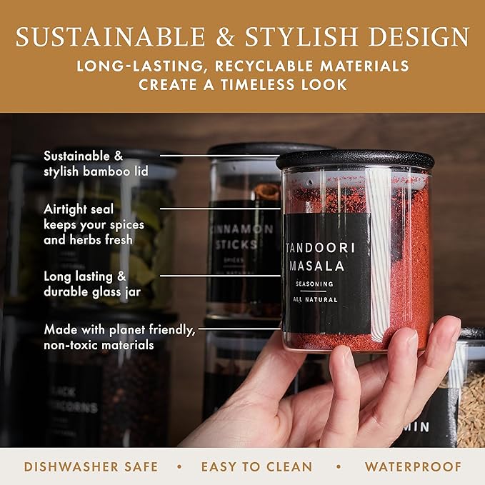 Glass Spice Jars with Labels-12 Pack- 6.8oz- 360 Labels- Spice Containers Bamboo Lids -Spices Organization for Cabinet-Drawer-Rack-Seasoning containers-herbs- Organizer-Spices Bottles-Black