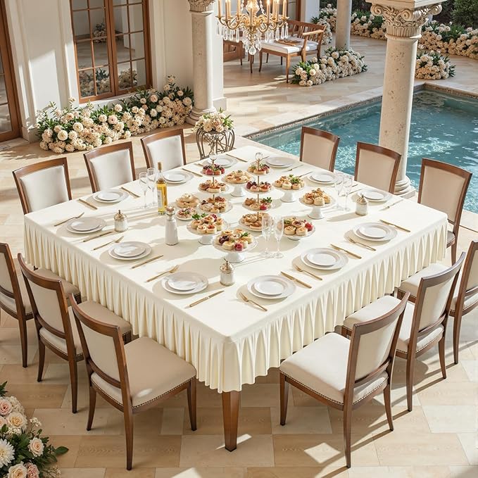Wish Care Ivory Spandex Tablecloths for 60x60 Inch Square Tables, Stretch Fitted Table Clothes with Pleated Ruffle Skirt for 60” Table, Wrinkle Free and Elastic, for Party Kitchen Home Dining